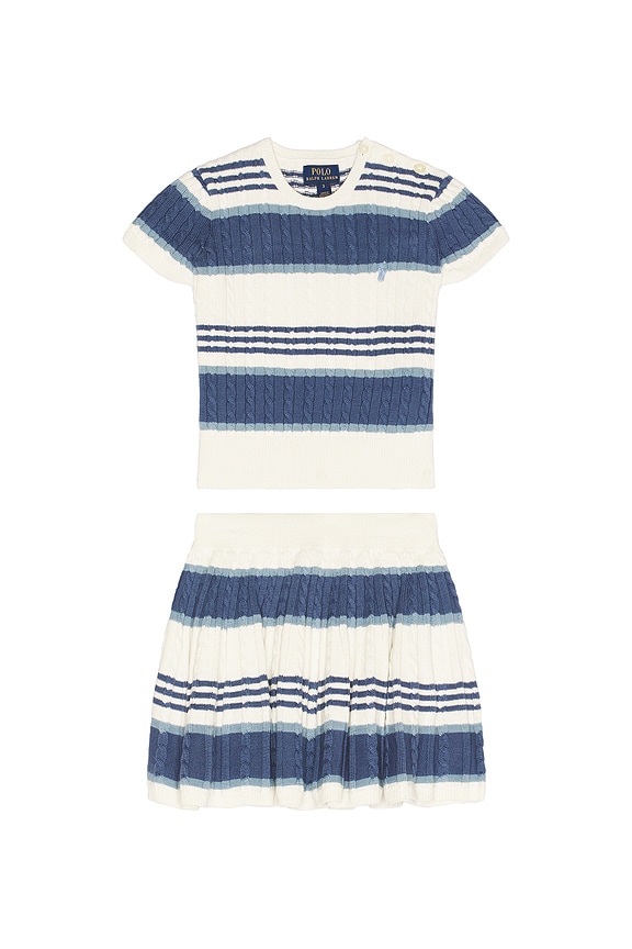 view 1 of 2 Short Sleeve Cotton Mini Cable Knit Striped Shirt With Skirt in Deckwash White Multi