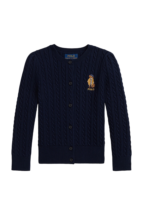 view 1 of 2 Long Sleeve Bear Cable Knit Cardigan in Cruise Navy