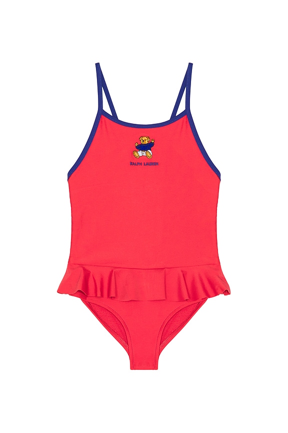 view 1 of 2 One Piece Novelty Bear Graphic Swimsuit With Ruffle Hem in Nantucket Red Multi