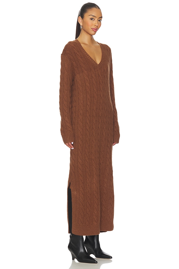 view 2 of 4 Cable-knit V-neck Sweater Dress in Gingerbread Brown Melange