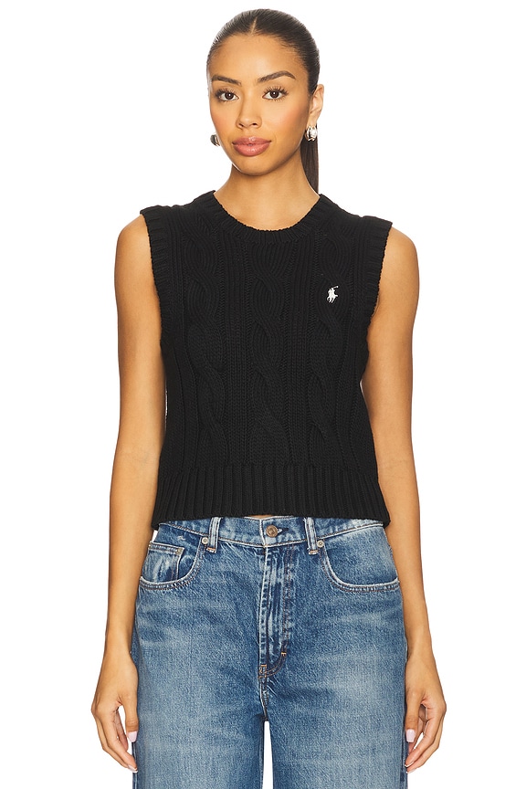 view 2 of 5 Cable-Knit Cotton Cropped Vest in Polo Black