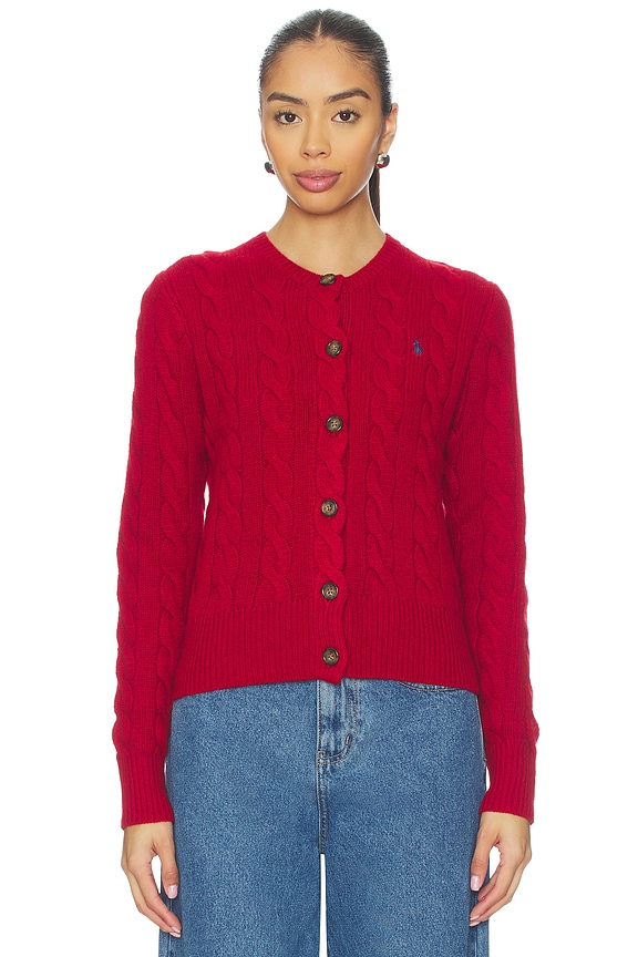 view 2 of 6 Cable Knit Wool Cashmere Cardigan in Fireside Red