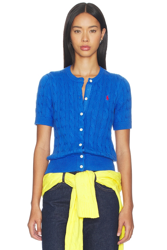 view 1 of 5 Cotton Short Sleeve Cardigan Sweater in Gala Blue