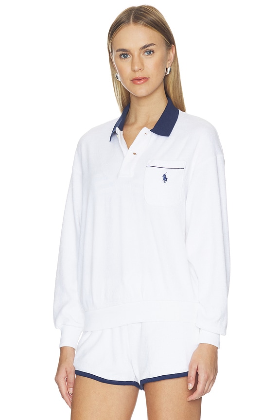 view 2 of 5 Cotton Terry Long Sleeve Collared Polo in White
