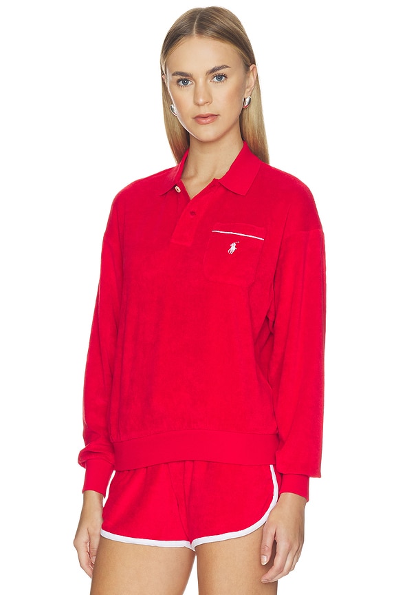 view 2 of 5 Cotton Terry Long Sleeve Collared Polo in Cruise Red