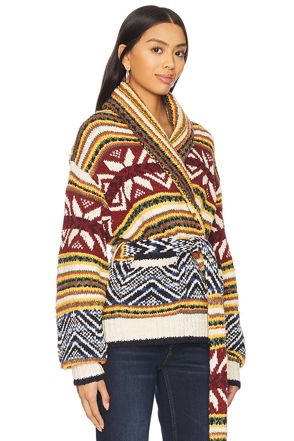 view 2 of 4 Multi-pattern Shawl Cardigan in Tan & Blue Multi
