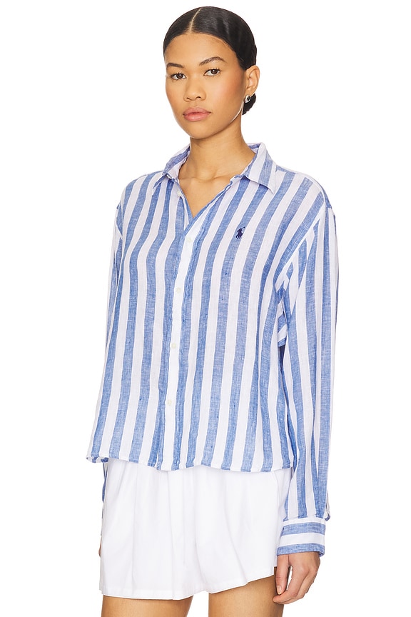 view 2 of 5 Linen Long Sleeve Shirt in Blue & White