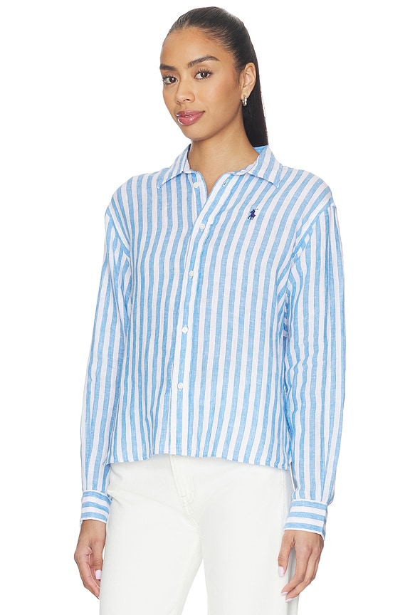 view 2 of 5 Linen Long Sleeve Button Front Shirt in White Blue Multi