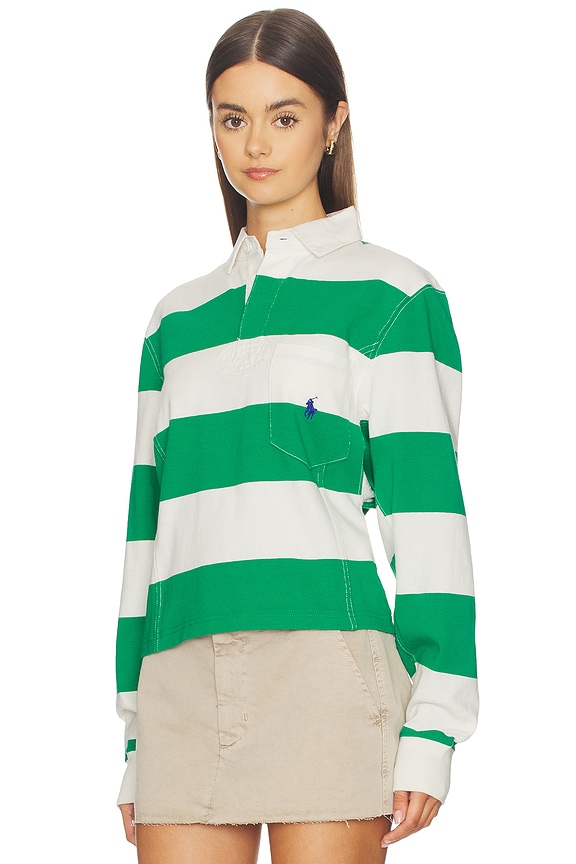 view 2 of 5 Vintage Long Sleeve Polo Top in Billiard Green & Deckwash White