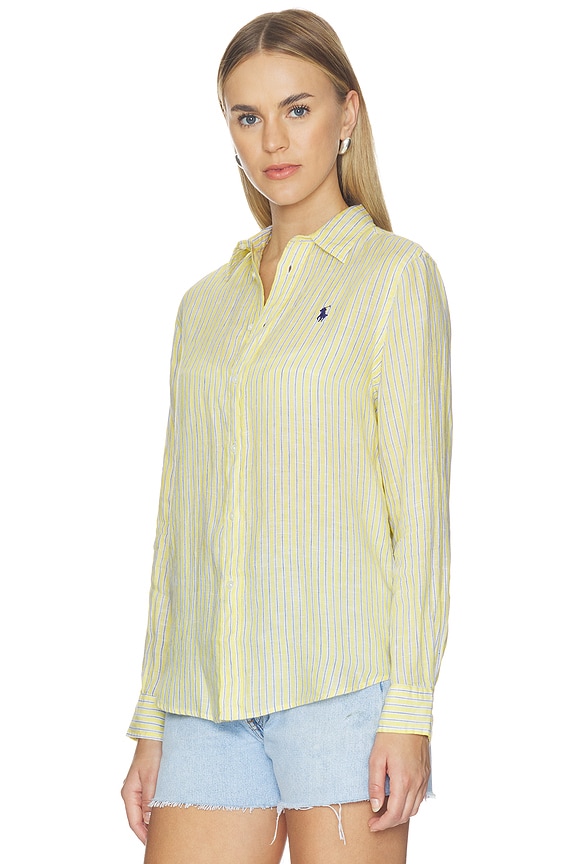 view 2 of 5 Linen Long Sleeve Sport Shirt in Oasis Yellow Blue White