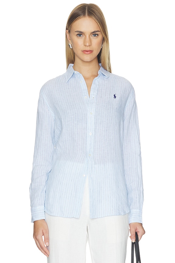 view 2 of 6 CHEMISE SPORT EN LIN À MANCHES LONGUES in Light Blue White