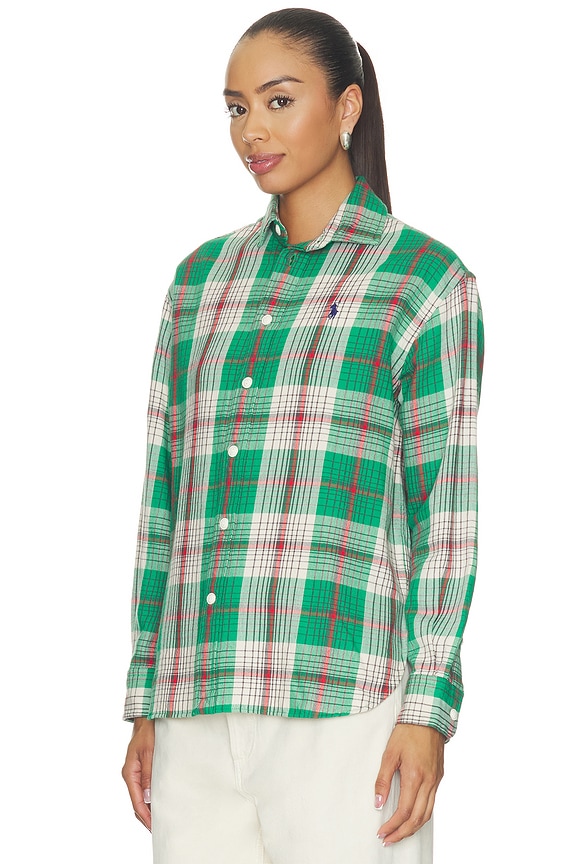 view 2 of 5 Twill Long Sleeve Collared Sport Shirt in Green Cream Multi