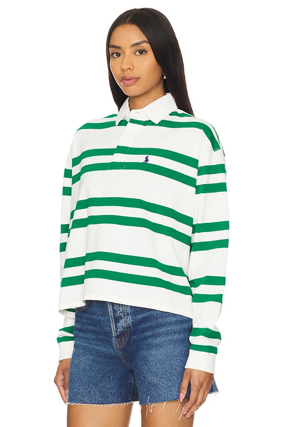 view 2 of 4 Cropped Rugby Shirt in Deckwash White & Hillside Green