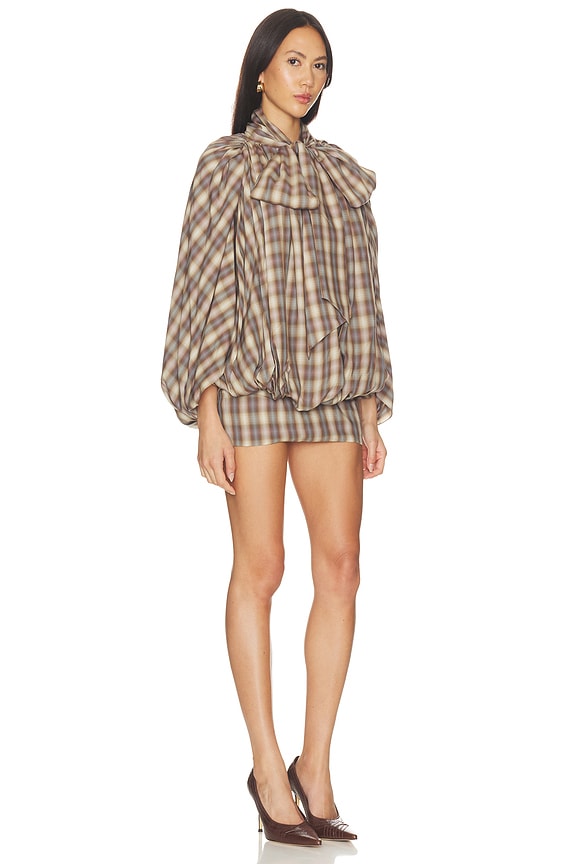 view 2 of 4 ROBE COURTE TIE-NECK SHORT COCOON MINI DRESS in Grey Plaid