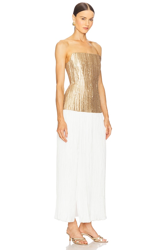 view 2 of 4 Strapless Straight Neck Sequin Dress W/ Plisse Skirt in Gold & White