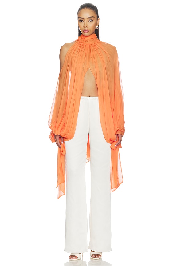 view 1 of 4 Tie-neck Cropped Cocoon Blouse in Salmon