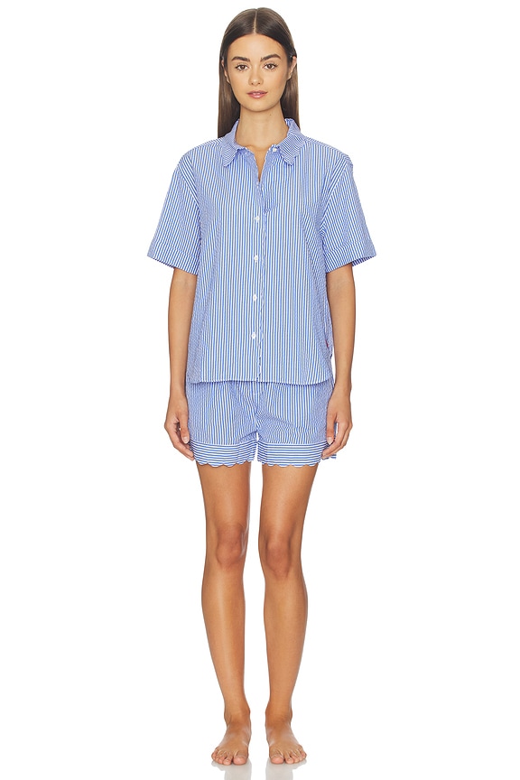 view 1 of 7 Short Sleeve Scallop Short Set in White Cloud & Amparo Blue