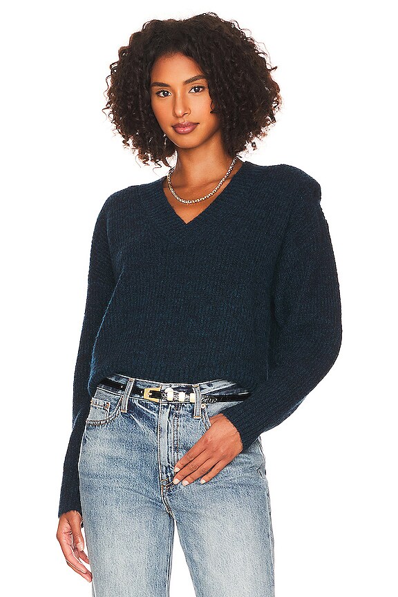 PISTOLA Camille V Neck Shoulder Pad Sweater in Marina REVOLVE