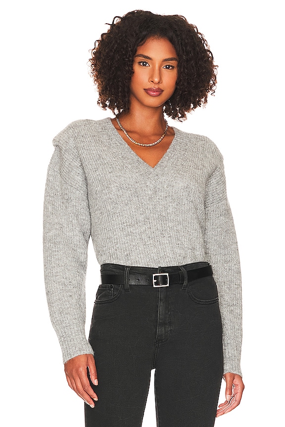 PISTOLA Camille V Neck Shoulder Pad Sweater in Heather Grey REVOLVE