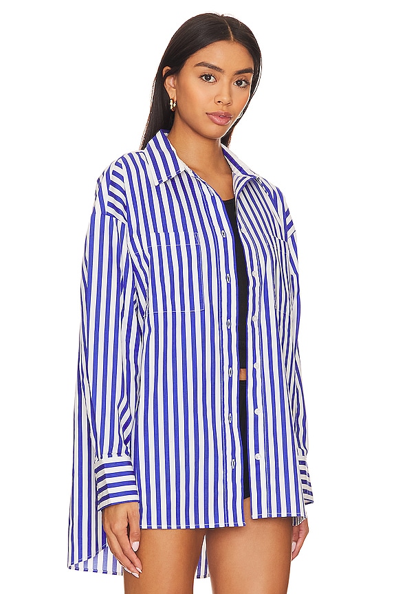 view 2 of 4 Rena Button Down Tunic Shirt in Cobalt Stripe