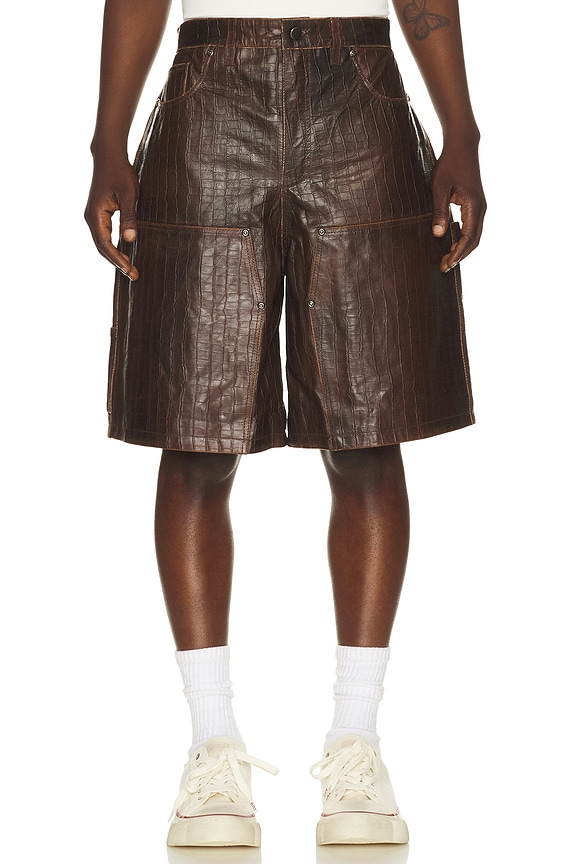view 1 of 4 Distressed Croc Embossed Leather Shorts in Vintage Brown