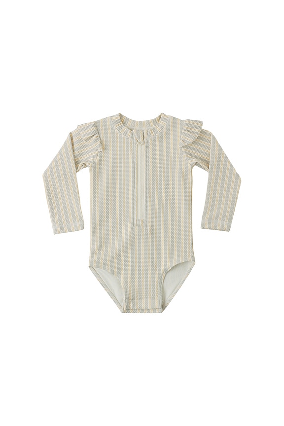 view 1 of 4 Byron Rashguard One Piece Swimsuit in Blue & Butterscotch Stripe