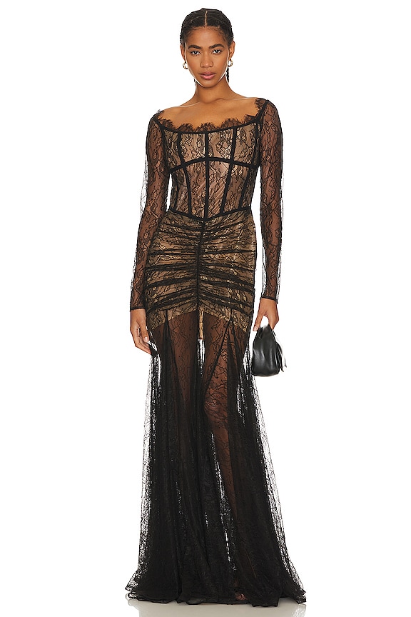 RASARIO Corset Lace Gown in Black | REVOLVE