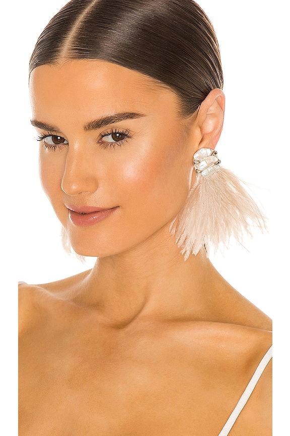 view 1 of 3 Baroque Pearl and Ostrich Feather Burst Earrings in Beige