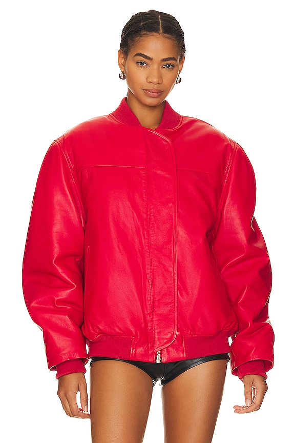 view 2 of 5 Leather Bomber Jacket in Red