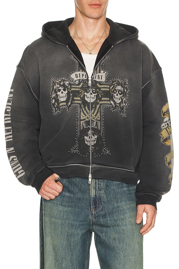 view 2 of 7 x Guns N' Roses Cross Zip Through Hoodie in Stained Black