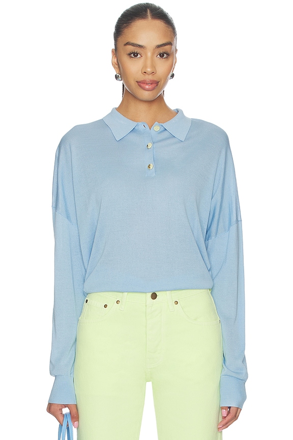 view 1 of 4 Silk Cashmere Boxy Long Sleeve Polo in Azure