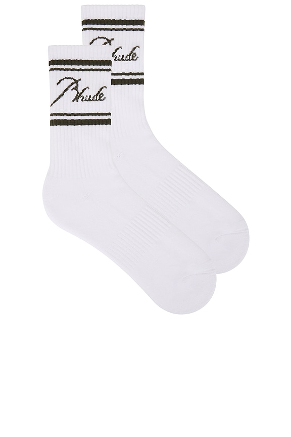 view 1 of 2 Striped Script Logo Socks in White & Olive