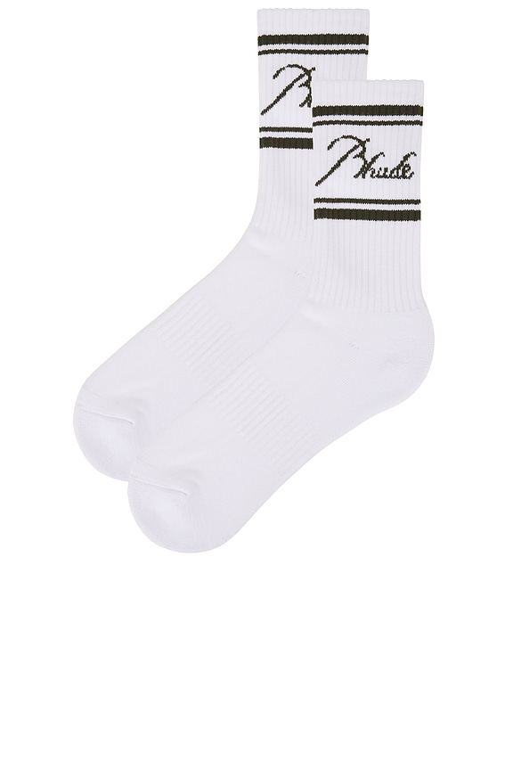 view 2 of 2 Striped Script Logo Socks in White & Olive