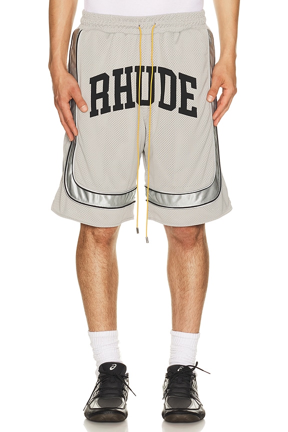 view 1 of 5 Baggy Mesh Collegiate Logo Shorts in Grey & Silver