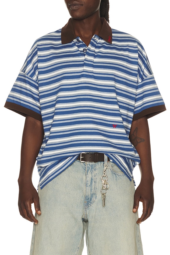 view 1 of 5 Fontaine Striped Short Sleeve Polo Shirt in Navy, White, & Brown