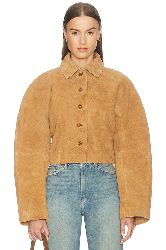 view 2 of 5 Rounded Textured Suede Jacket in Cognac