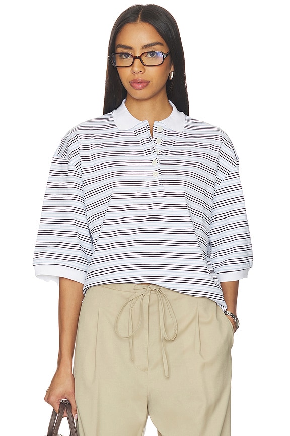 view 1 of 5 Striped Oversized Polo in White & Blue Multi Stripe