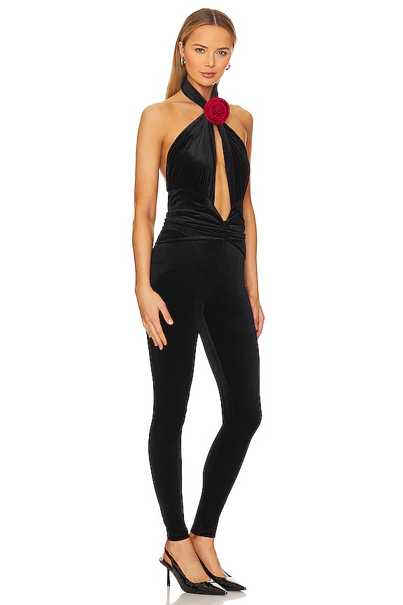 view 2 of 3 Abreen Velvet Catsuit in Jet Black & Crimson