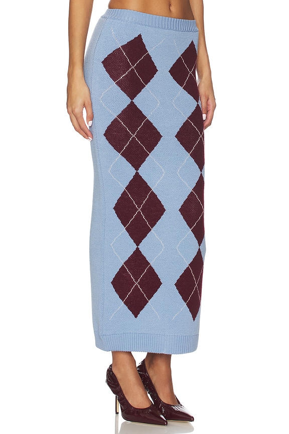 view 2 of 6 Knit Bodycon Skirt in Blue With Bordeaux Pattern