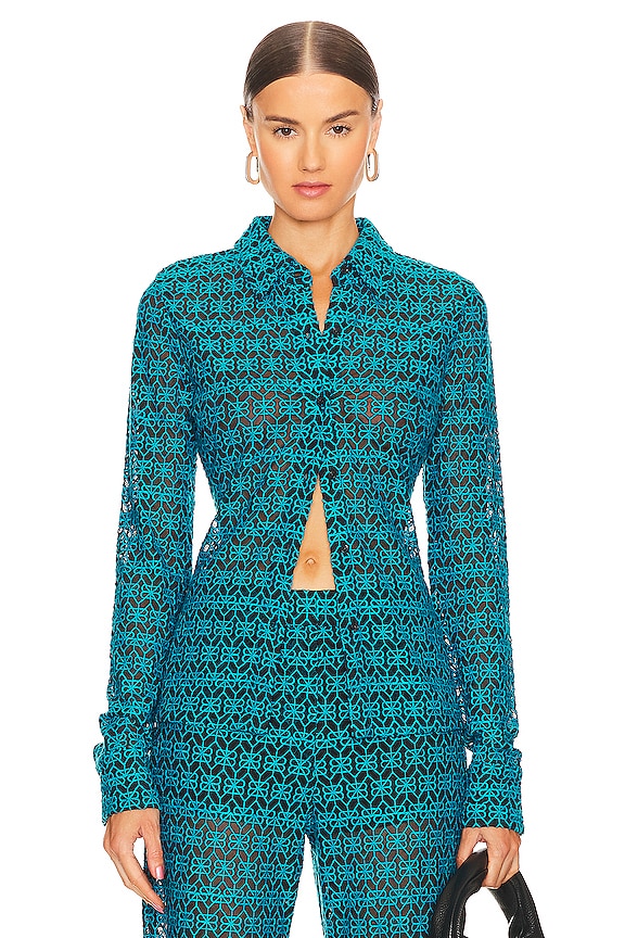 RTA Embroidered Button Up Shirt in Teal | REVOLVE