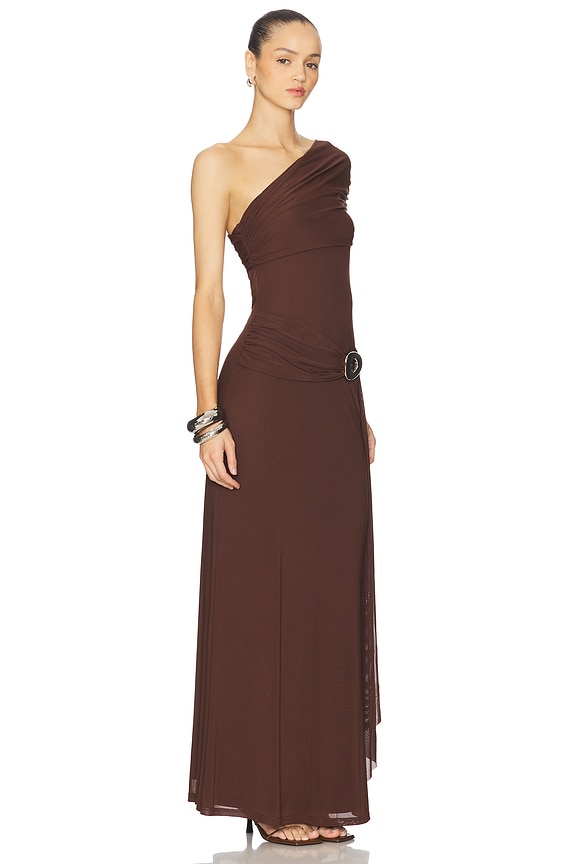 view 2 of 4 Kassi Draped One Shoulder Midi Dress in Bitter Chocolate