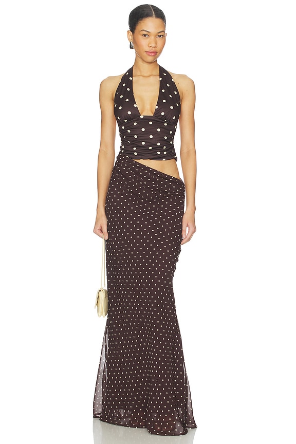view 1 of 4 Valeria Halter Cutout Maxi Dress in Choc Lemon Polka