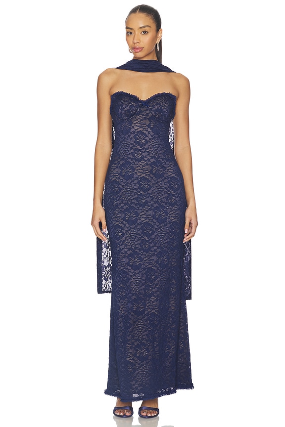 view 1 of 4 Amana Strapless Scarf Maxi Dress in Navy
