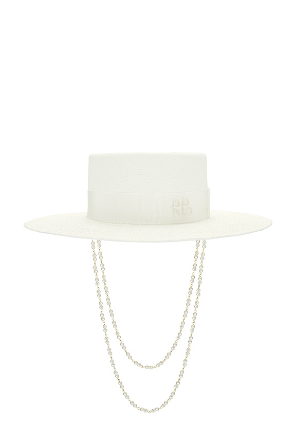view 2 of 3 Double Chain Strap Boater Hat in White