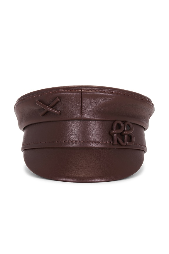 view 2 of 4 Monogram Embellished Leather Baker Boy Cap in Brown