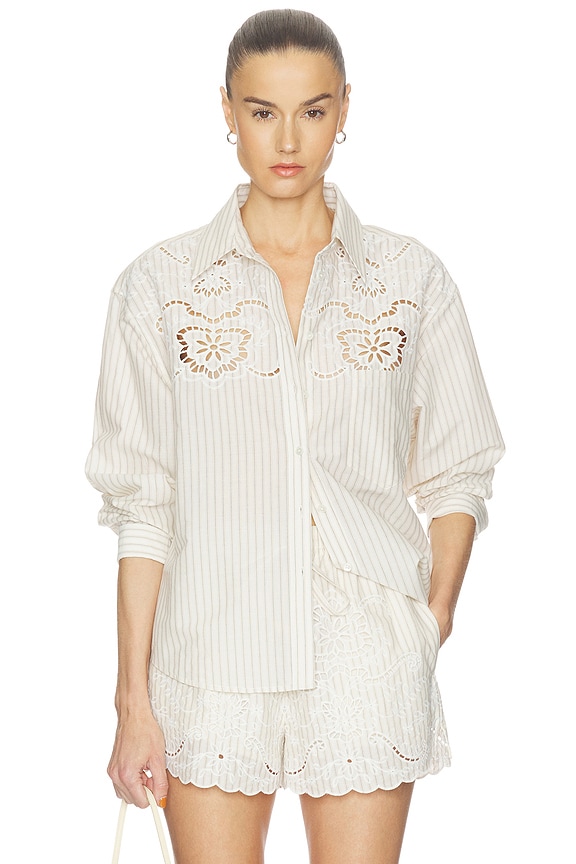 view 1 of 5 Floral Embroidered Striped Button Down Shirt in Cream