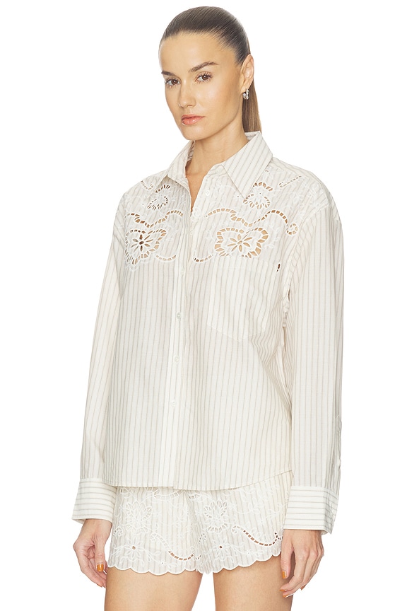 view 2 of 5 Floral Embroidered Striped Button Down Shirt in Cream