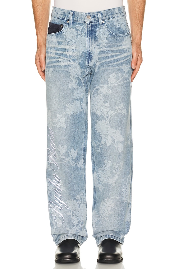 view 2 of 7 Laser Engraved Floral Jeans in Blue