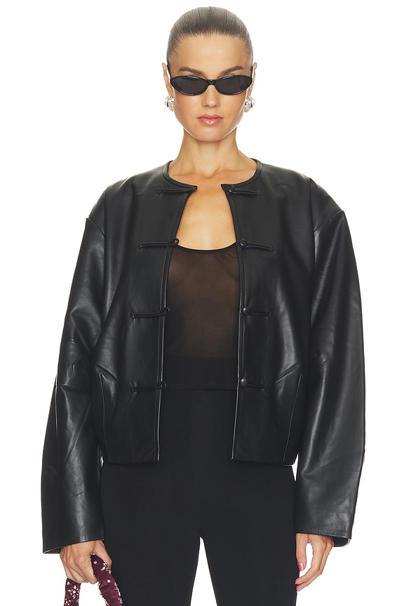 view 2 of 5 Button Detail Cocoon Leather Jacket in Black