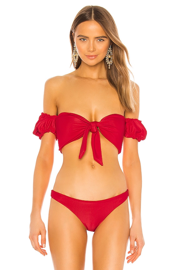 view 2 of 6 Ruffle Sleeve Bikini Top in Ribbed Red